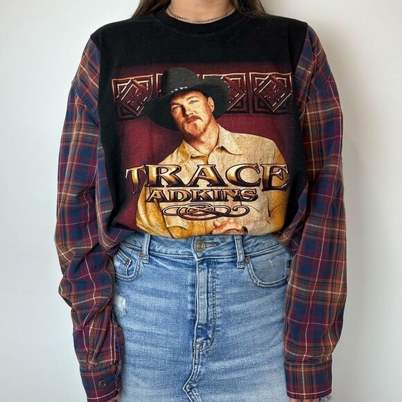 Reworked Trace Adkins Long Sleeve Plaid Relaxed Western Tour Band Shirt Top - Picture 3 of 3